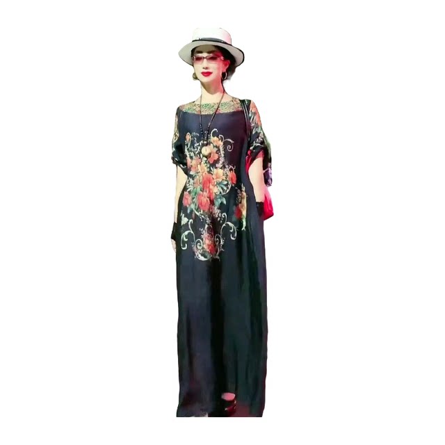 ຊຸດຜ້າໄຫມຂະຫນາດໃຫຍ່ 2024 Summer New Retro Print Bat Sleeve Loose Large Version Slimming Long Dress