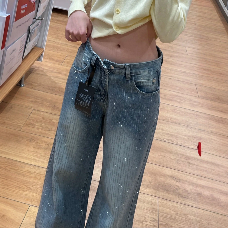Retro Blue Rhinestone Jeans for Women, Early Autumn New Style, Plus Size, High Waist, Loose, Drapey, Straight-Leg Wide-Leg Pants