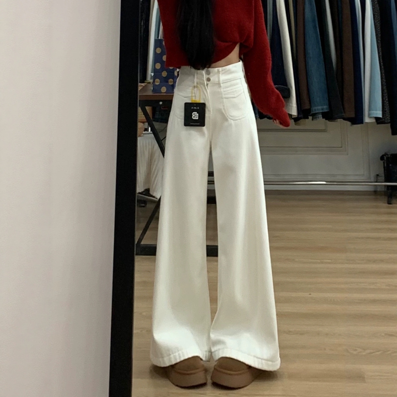 White High-Waisted Wide-Leg Jeans for Women, 2026 Autumn, Plus Size, Loose Fit, Drapey, Slimming, Hip-Covering, Straight-Leg Pants