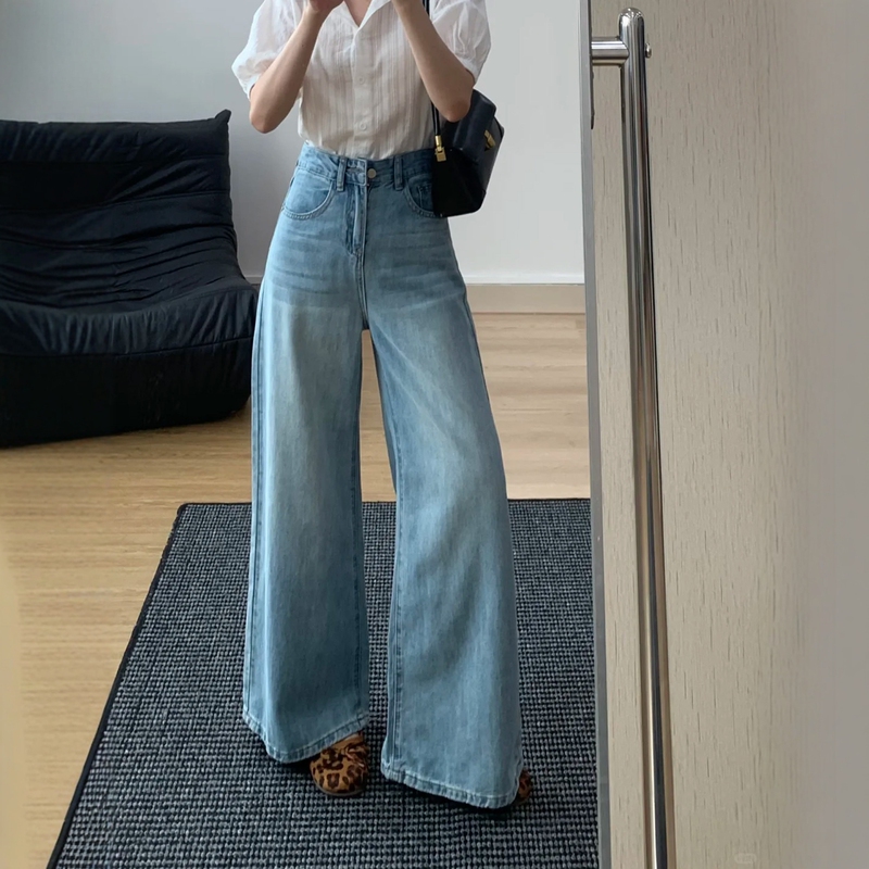Tencel Wide-Leg Jeans for Women, Summer Thin Style, Plus Size, High-Waisted, Loose, Slimming, Pear-Shaped Body, Straight-Leg Pants