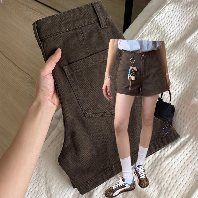 American Retro Coffee-Colored Denim Shorts for Women, New Summer Style, Plus Size, High-Waisted, Loose, Slimming, A-Line Wide-Leg Hot Pants American Retro Coffee-Colored Denim Shorts for Women, New Summer Style, Plus Size, High-Waisted, Loose, Slimming, A-Line Wide-Leg Hot Pants