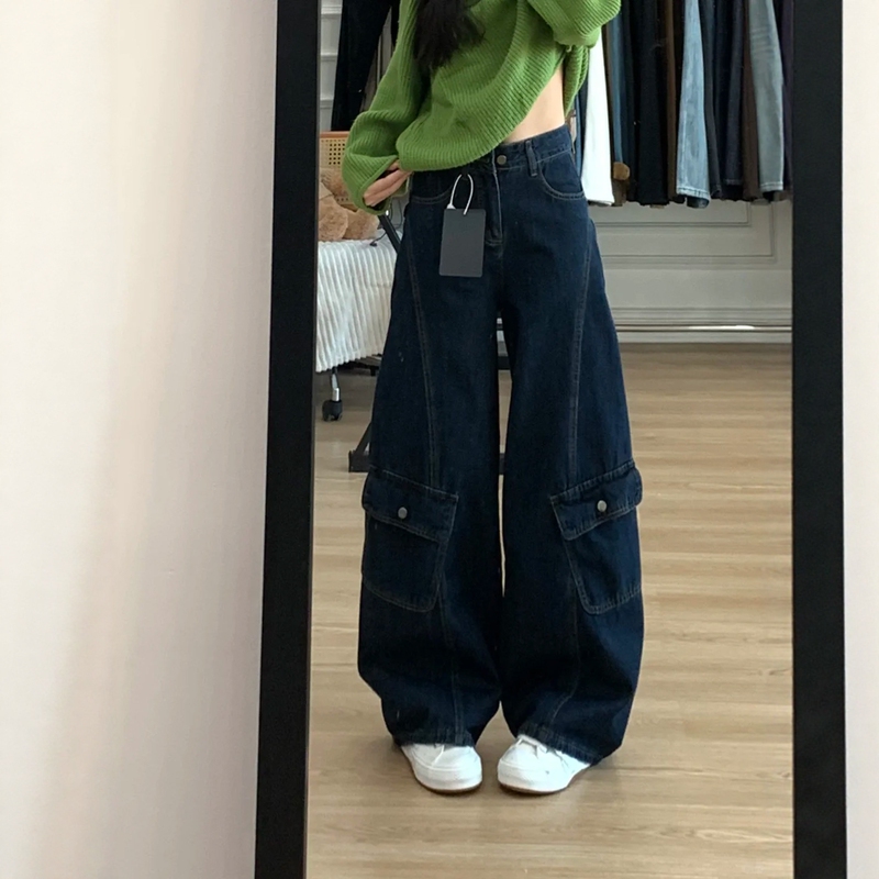 Dark Blue Curved-Leg Jeans for Women, Autumn Style, Plus Size, High-Waisted, Loose, Slimming, Petite, Wide-Leg Cargo Pants Dark Blue Curved-Leg Jeans for Women, Autumn Style, Plus Size, High-Waisted, Loose, Slimming, Petite, Wide-Leg Cargo Pants