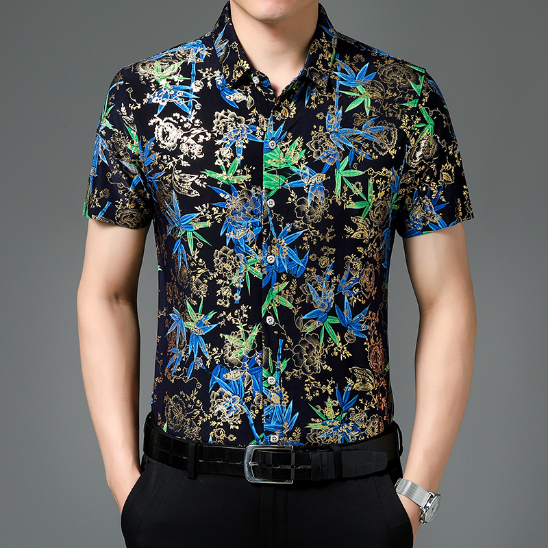 Summer Men's Printed Short-Sleeved Shirt, Dad-Style Floral Shirt, Loose Fit, Large Size, Breathable, Trendy, Fashionable, Gold-Stamped Top