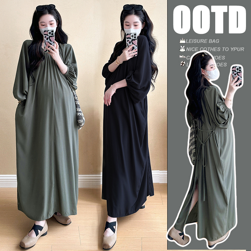 Plus-Size Maternity Dress for Spring and Autumn, Long-Sleeved, Gentle and Elegant, with a Slit, Stylish and Casual, Belted Dress 100kg Plus-Size Maternity Dress for Spring and Autumn, Long-Sleeved, Gentle and Elegant, with a Slit, Stylish and Casual, Belted Dress 100kg