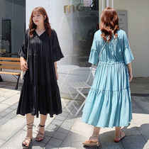 Special size maternity dress plus fat increase 200-300kg summer fashion trumpet sleeve loose V-neck dress