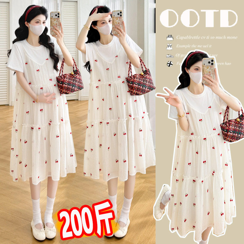 Plus-Size Maternity Dress, Summer Thin Style, Korean-Style Cherry Embroidery, Stylish, Belly-Covering, Loose-Fitting Pregnancy Dress 100kg Plus-Size Maternity Dress, Summer Thin Style, Korean-Style Cherry Embroidery, Stylish, Belly-Covering, Loose-Fitting Pregnancy Dress 100kg
