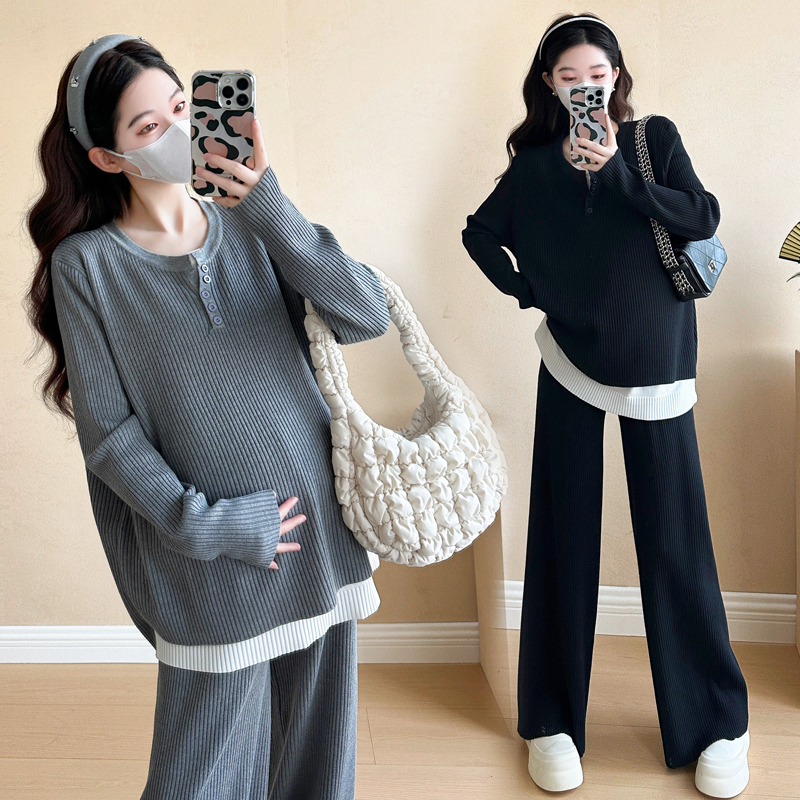 Plus-Size Maternity Outfit Set, Spring 2025 New Style, Long-Sleeved Faux Two-Piece Top and Pants Two-Piece Set, Trendy Mom 100kg