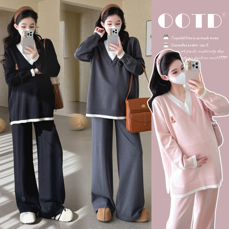 Plus-Size Maternity Outfit Set 2026 Spring New Fashion Fake Two-Piece Top Maternity Wear Two-Piece Set 100kg
