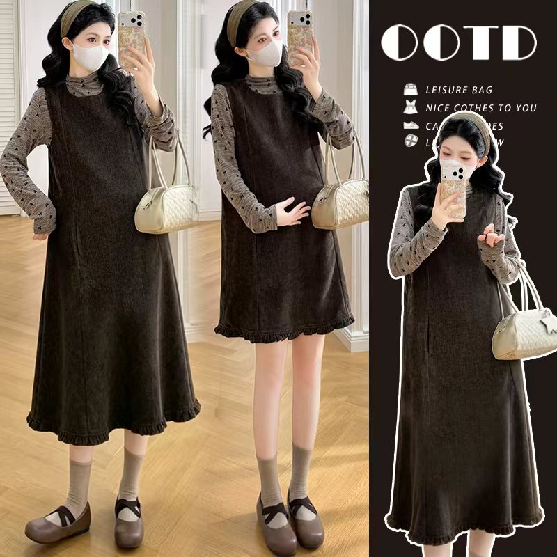 Plus-Size Maternity Dress 2026 Autumn and Winter New Korean Style Ruffled Tank Top Dress + Top Two-Piece Set 100kg Plus-Size Maternity Dress 2026 Autumn and Winter New Korean Style Ruffled Tank Top Dress + Top Two-Piece Set 100kg