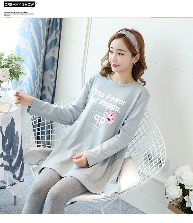 2019 cộng với phân bón XL quần áo bà bầu mùa thu cotton thả một chiếc áo sơ mi trong phần dài của áo thun mẹ váy 200 kg - Áo thai sản áo bầu đẹp