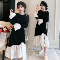 Pregnant women autumn clothes plus fat large size long dress loose 200kg fashion fake two long sleeve bottom skirt
