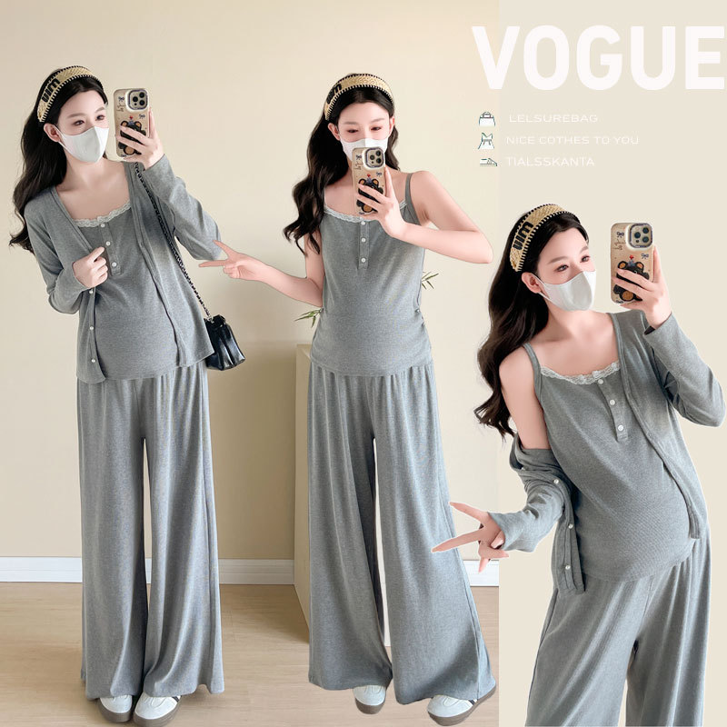 Plus-Size Maternity Outfit That Doesn'T Show Pregnancy during Pregnancy, Suitable for Spring and Autumn, Cardigan, Camisole Top, Wide-Leg Pants Three-Piece Set 100kg