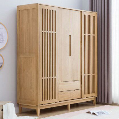 Modern minimalist pure solid wood door Nordic large wardrobe Bedroom containing cabinet 4 doors oak wood Ramen wardrobe