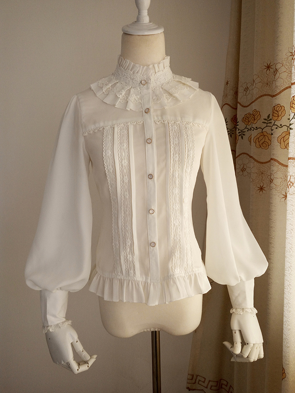 New Vintage Lolita Dress with Stand Collar, Puff Sleeves, Long Sleeves, Chiffon Lace, Princess Style, Versatile Shirt That Can Be Converted into a Collared Shirt