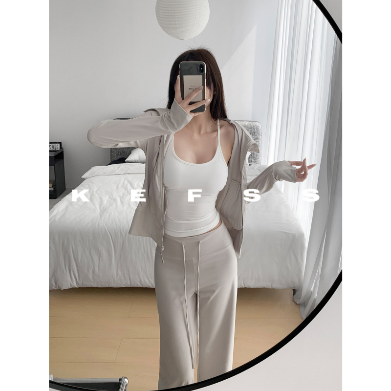 Rouje Kefss Summer Fashion Stylish Hooded Sun Protection Jacket with Tie-Up Straight-Leg Pants Casual Suit for Women