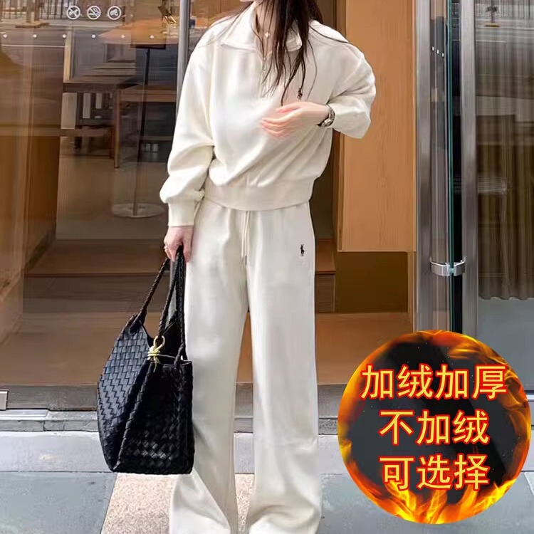 Cashmere Sportswear Suit for Women in Spring and Autumn, Lazy Style, Loose and Slimming, Stand-Up Collar Sweatshirt, Wide-Leg Pants, Casual Two-Piece Set