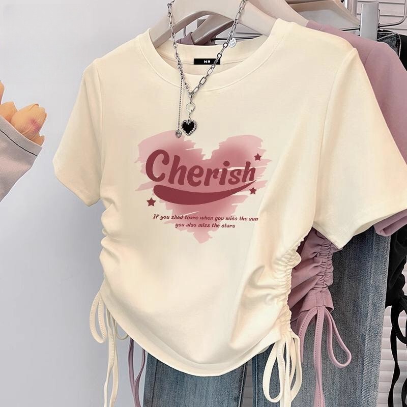 Short-Sleeved T-Shirt for Women 2025 New Summer Style, Waist-Cinching, Regular Shoulder, Short Half-Sleeve, Drawstring, Sweet and Spicy Top