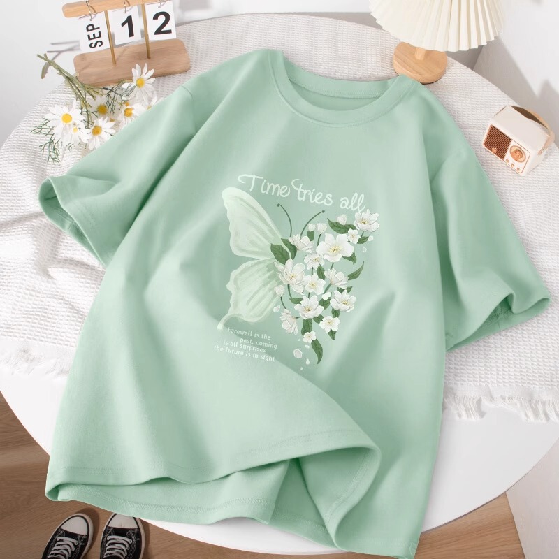 Student Short-Sleeved T-Shirt for Women, Summer Mint Green Mambo Style Outfit Top, Summer 2024 New Women's Loose T-Shirt