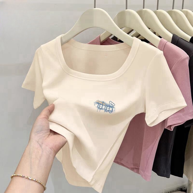 Korean Style Short-Sleeved T-Shirt for Women, Summer Slim Fit Top, Square Neck, Revealing Collarbone, U-Neck, Short Base Shirt for Summer