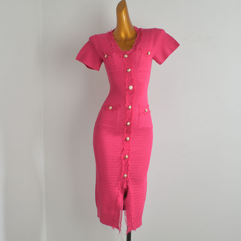Spring and Summer Chanel-Style High-End Vintage V-Neck Metal Single-Breasted Slim-Fit Elegant Bodycon Knit Dress