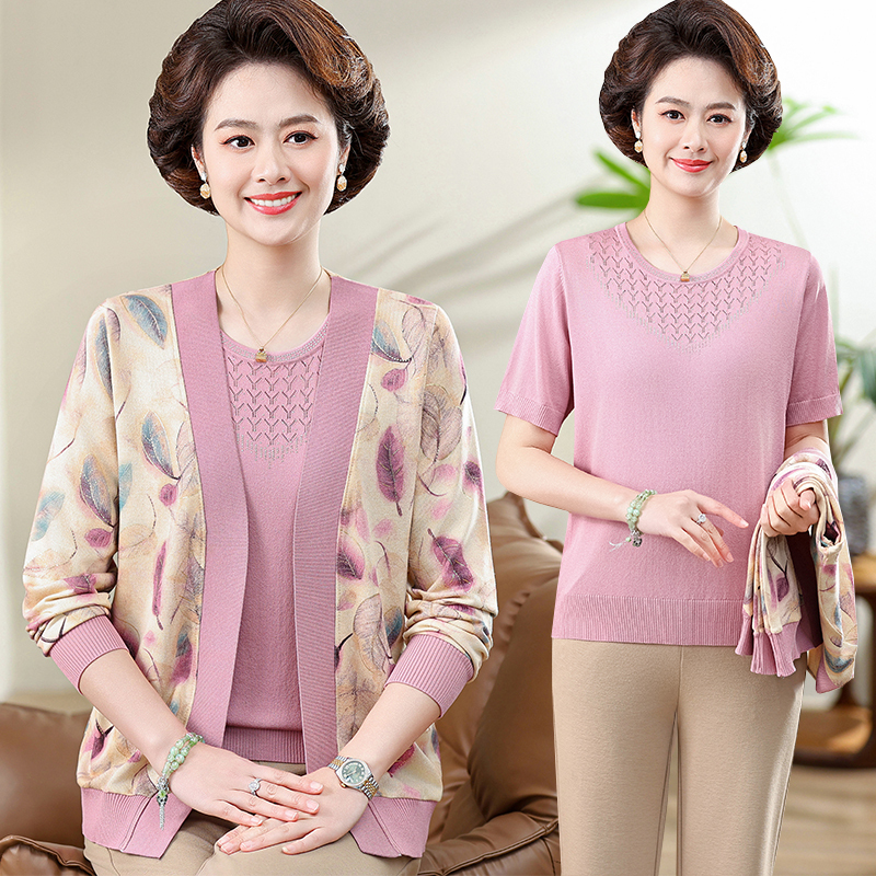 Real Two-Piece Set, New Spring Outfit for Mothers, Middle-Aged and Elderly Women's Knitwear T-Shirt, Stylish Spring and Summer Outfit