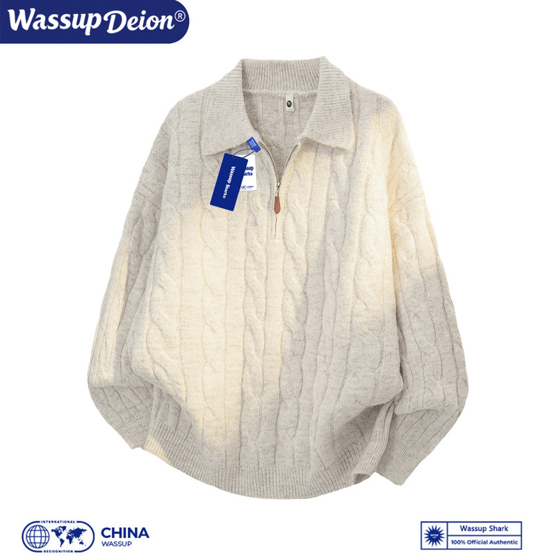 Wassup Deion Retro Style Lapel Half-Zip Cable Knit Sweater for Men, Loose and Lazy Style Pullover Sweater
