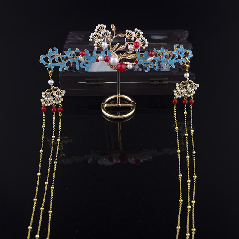 Ancient style hair crown suit Wei Jin Hanfu Hair ornaments Tassel Crane hairpin dish hair device Classical temperament Xiuhe crown