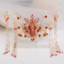 Chinese style ancient clothes show and bridal headwear red flow Su Air Dragon Feng Guanxia Wedding Hair Accessories
