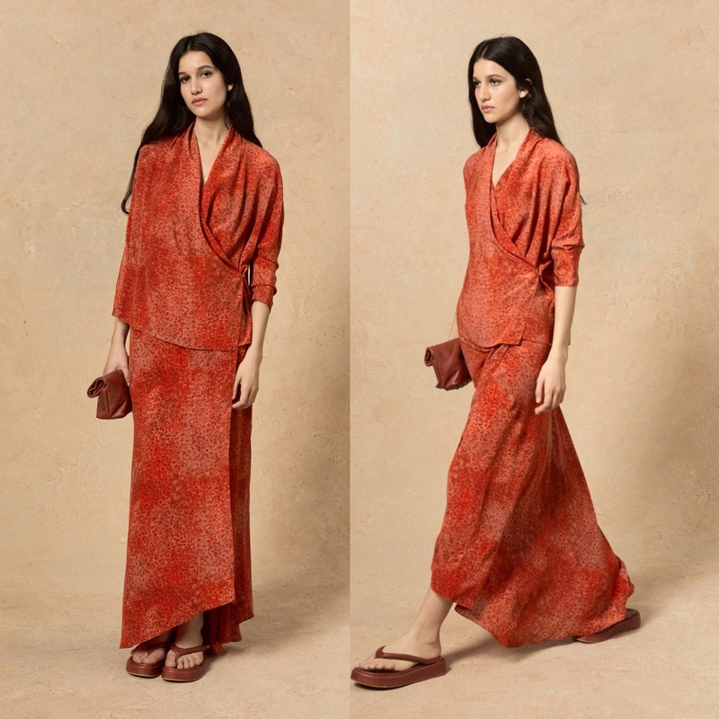 Spanish Brand Corta Pomegranate Flare Silk Series Dress + Shirt + Skirt