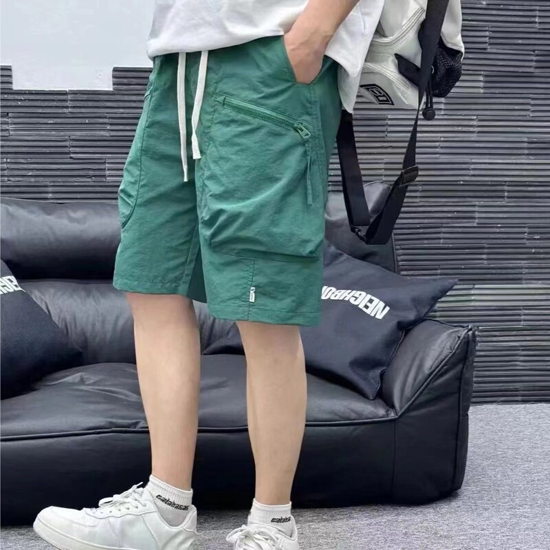 American-Style Ice Silk Quick-Drying Work Shorts for Men, Summer Trendy Large Pocket Zipper Sports Loose Casual Five-Point Shorts