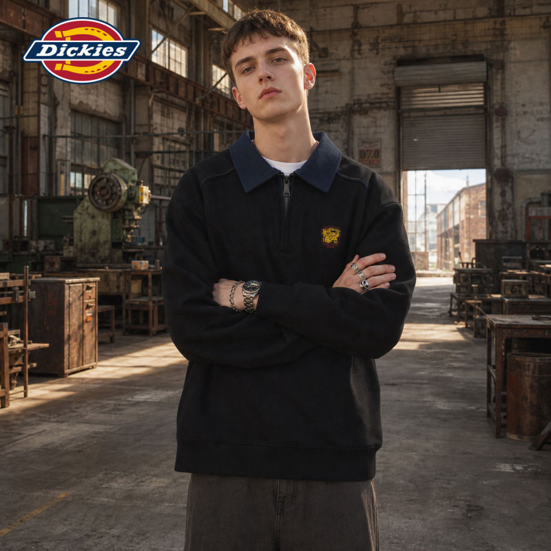 Dickies Color-Block Long-Sleeve Polo Shirt with a Turn-Down Collar, Men's Autumn New American-Style Half-Zip Casual Top Dickies Color-Block Long-Sleeve Polo Shirt with a Turn-Down Collar, Men's Autumn New American-Style Half-Zip Casual Top