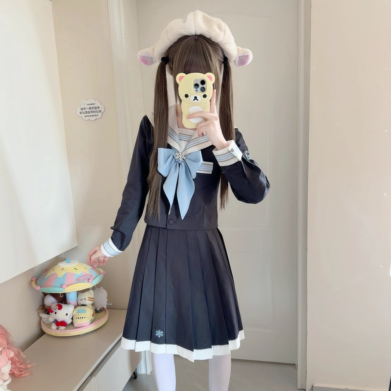 【Snow Moon Bell】Original Authentic Full-Length Waist-Cinching Long-Sleeve Sailor Suit Jk Uniform Set Mid-Length Skirt School Style for Women