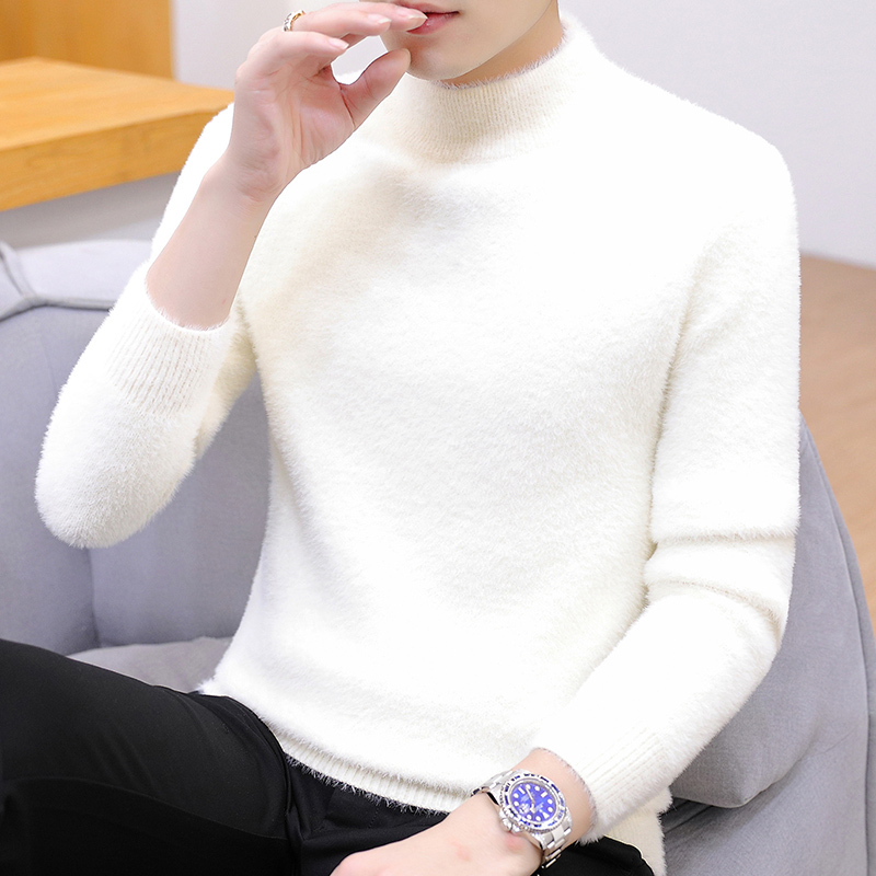 Spring and Autumn Half-Turtleneck Mink Velvet Sweater for Men, Loose Korean Style Student Knitwear, Fleece-Lined and Thickened Autumn Top