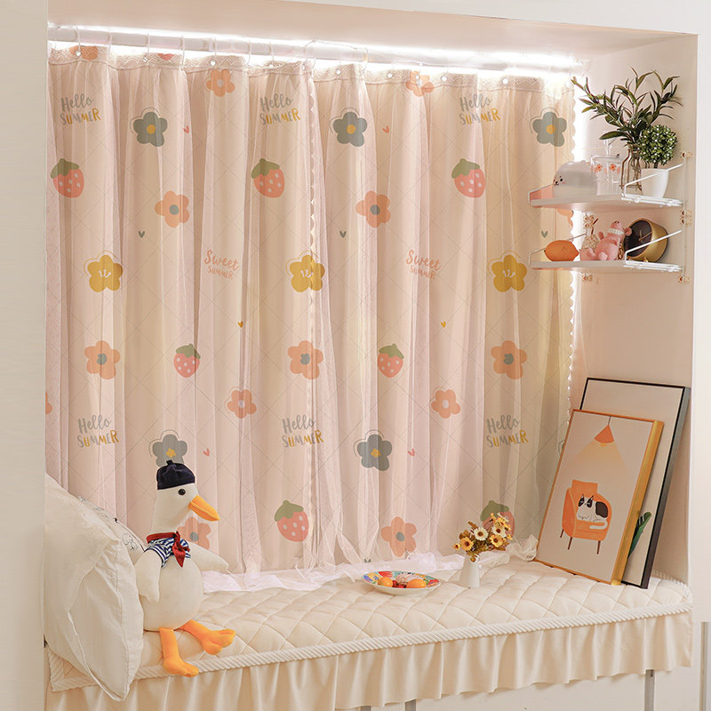 No punching simple installation curtain with telescopic rod full set of short blackout cloth bedroom bay window small window