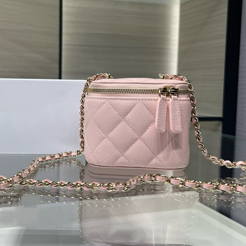 /25S New Caviar Chain Box Bag Single Shoulder Crossbody Mini Small Square Bag with Mirror Makeup Long Box Bag