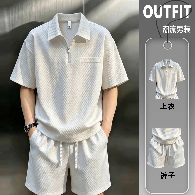 Vito Light Mature Style White Half-Zip Cool Casual Suit for Men, Summer Thin Breathable Short-Sleeve Shorts Set Vito Light Mature Style White Half-Zip Cool Casual Suit for Men, Summer Thin Breathable Short-Sleeve Shorts Set