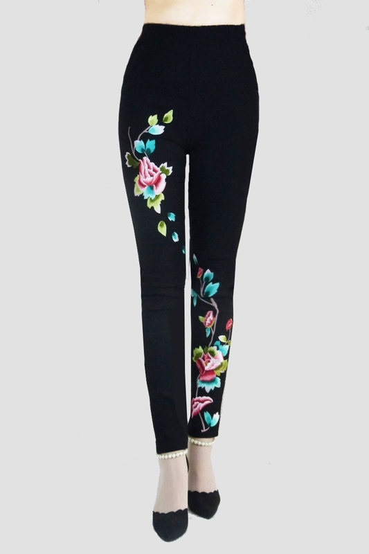 Quần legging thêu gió mùa xuân và mùa thu quần nữ cạp cao cạp quần co giãn công việc nặng nề là quần lửng cỡ lớn chân quần