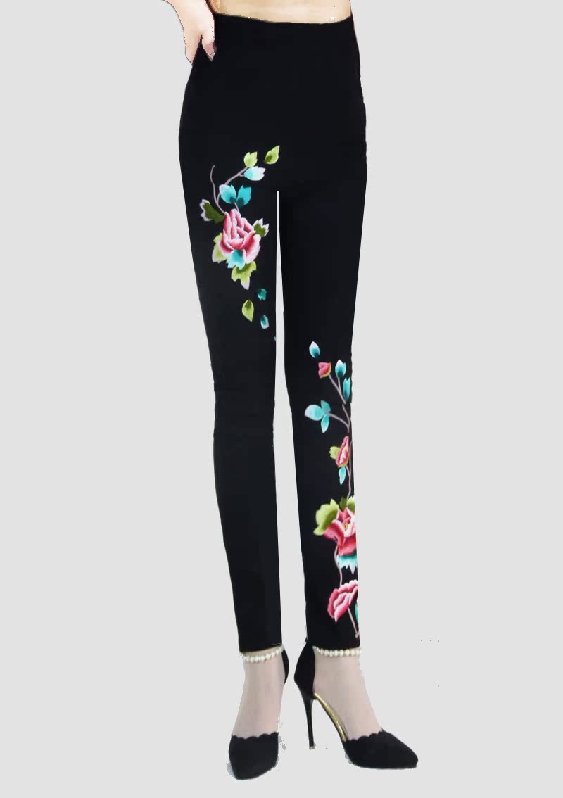 Quần legging thêu gió mùa xuân và mùa thu quần nữ cạp cao cạp quần co giãn công việc nặng nề là quần lửng cỡ lớn chân quần quần suông ống rộng nữ