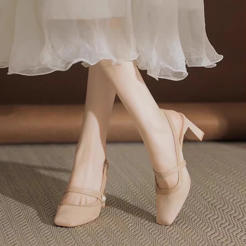 This Is so Beautiful~ Vimi Great Nude Suede French Toe-Cap Sandals Mary Jane Women's High Heels