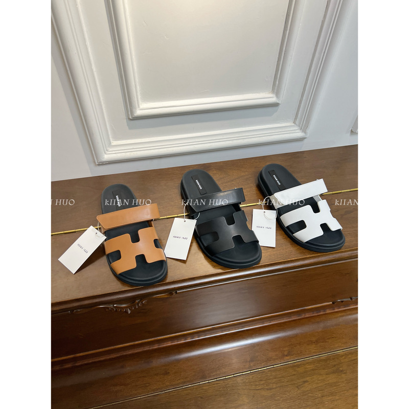 Super Good Version~ Genuine Leather Velcro Thick-Soled H Slippers Casual Sandals for Women Outdoor Wear Summer Slip-Ons