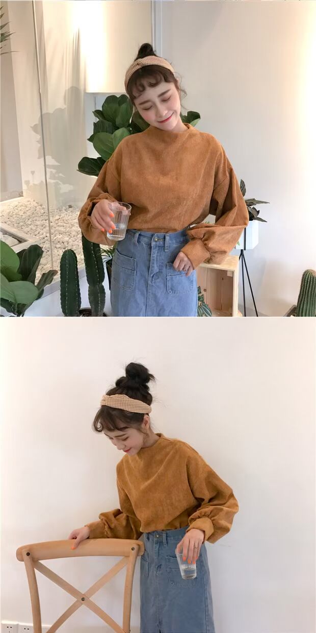 Mùa thu 2018 phiên bản mới của Hàn Quốc của quần nhung kẻ lỏng đèn lồng tay áo học sinh áo len màu hoang dã bộ vest nữ