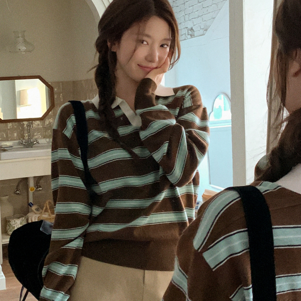 Korean-Style Retro Striped Color-Block Polo Collar Knit Long-Sleeve T-Shirt for Women, Loose and Casual Sweater, Versatile Top, Trendy