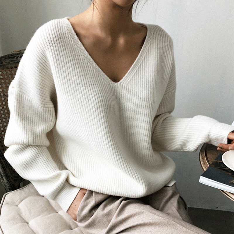 Korean 2021 Autumn and Winter Simple V-Neck Loose Lazy Style Irregular Thickened Base Knit Sweater for Women