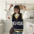 Mùa thu mới nhấn màu cổ chữ V khí hậu hoang dã không tay vest nữ sinh viên Hàn Quốc thêu chữ đan áo thủy triều áo len cổ tim Áo len cổ chữ V