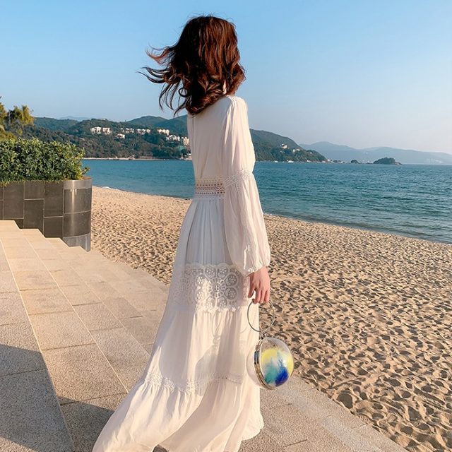 Salt can be sweet dress gentle wind high waist fairy tall and thin white hollow lace slit long-sleeved dress