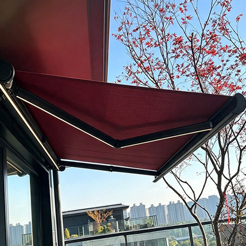 Outdoor Courtyard Aluminum Alloy Sunshade Awning with Lights for Villa, Thickened and Reinforced Electric Retractable Rain and Sun Protection Canopy
