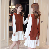 Pregnant women early autumn dress female 2022 new autumn loose bottoming shirt bow vest two-piece suit