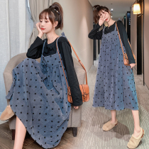 Maternity Skirt Suit 2022 Fashion New Polka Dot Print Strap Long Skirt Two Piece Loose Knee Dress