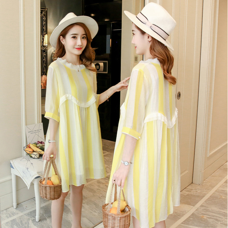 Maternity dress 2022 new summer dress, tide mother breastfeeding clothes, fashionable contrast color striped chiffon large size long skirt