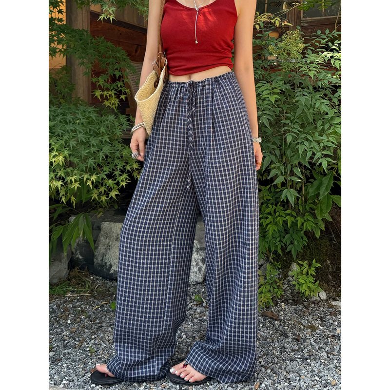 Plus-Size Bubble Texture Blue Plaid Pants for Women, 2026 Summer Thin Style, Slimming, Large Size, Casual and Relaxed Wide-Leg Pants Plus-Size Bubble Texture Blue Plaid Pants for Women, 2026 Summer Thin Style, Slimming, Large Size, Casual and Relaxed Wide-Leg Pants